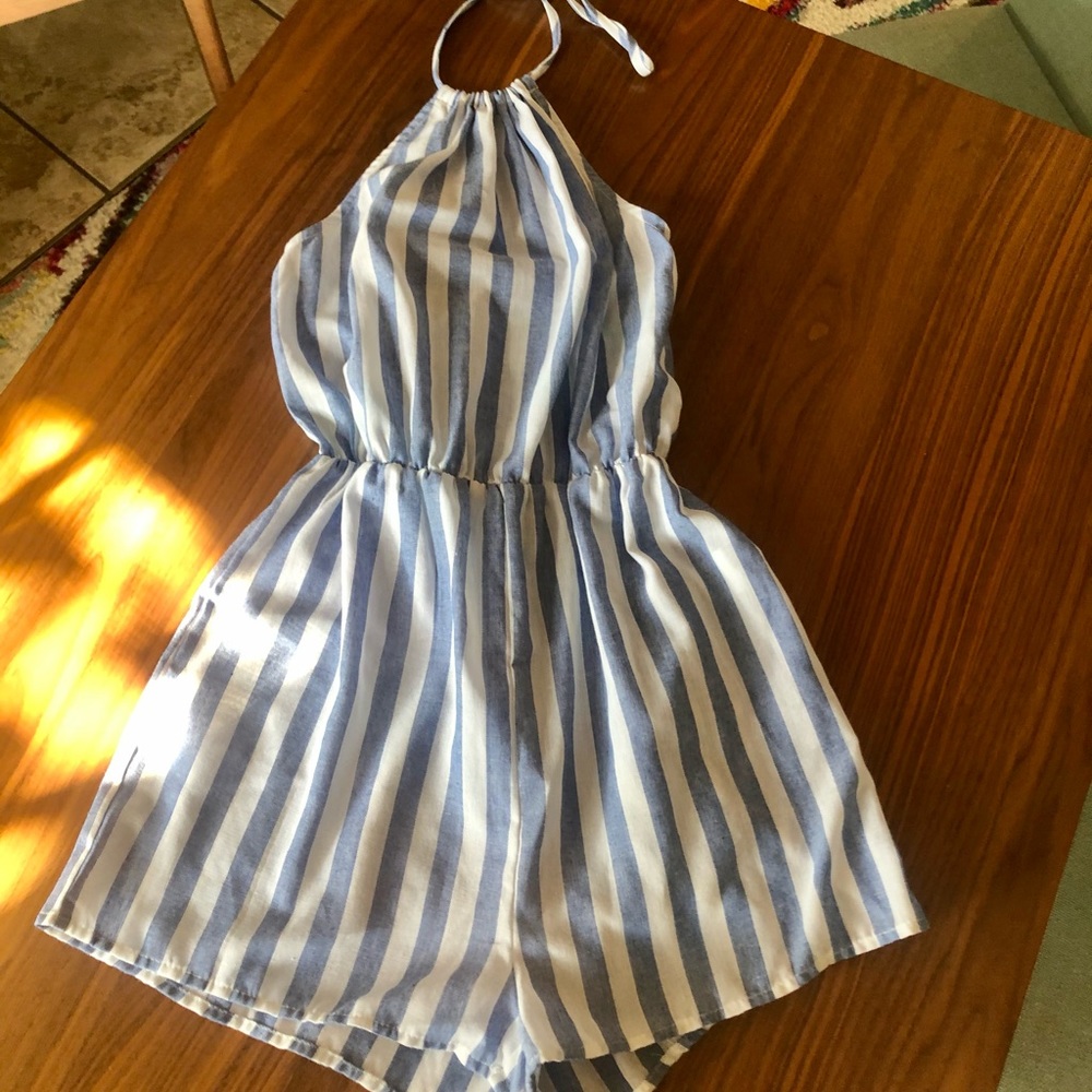 Blue snd white striped chambray linen romper
